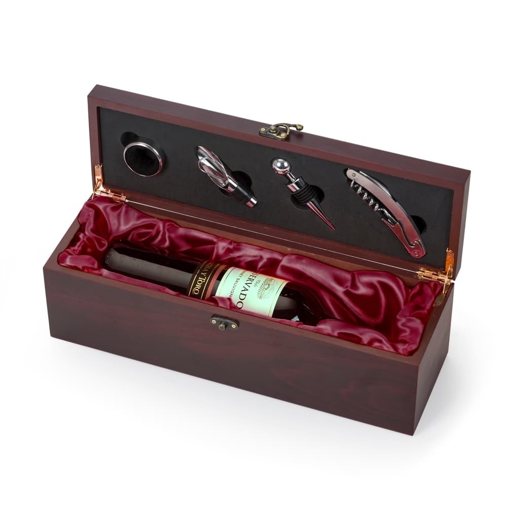 KIT VINHO  CAIXA DE MADEIRA 4 PEÇAS  PORTA GARRAFA  - Code.: 13197