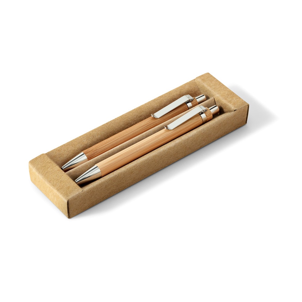 MELLO. Conjunto de caneta esferográfica com escrita em azul e lapiseira, ambas em bambu Code.: 51162