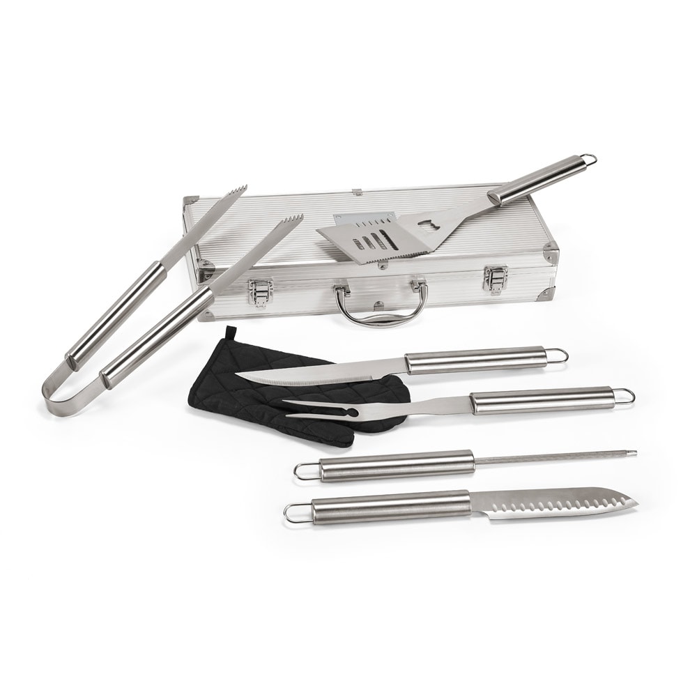 MACE. Kit churrasco em estojo de alumínio com luva de cozinha em poliéster e 6 utensílios em aço inox Code.: 93845