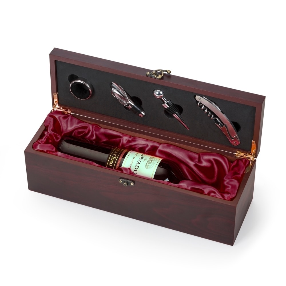 KIT VINHO  CAIXA DE MADEIRA 4 PEÇAS  PORTA GARRAFA  - Code.: 13197